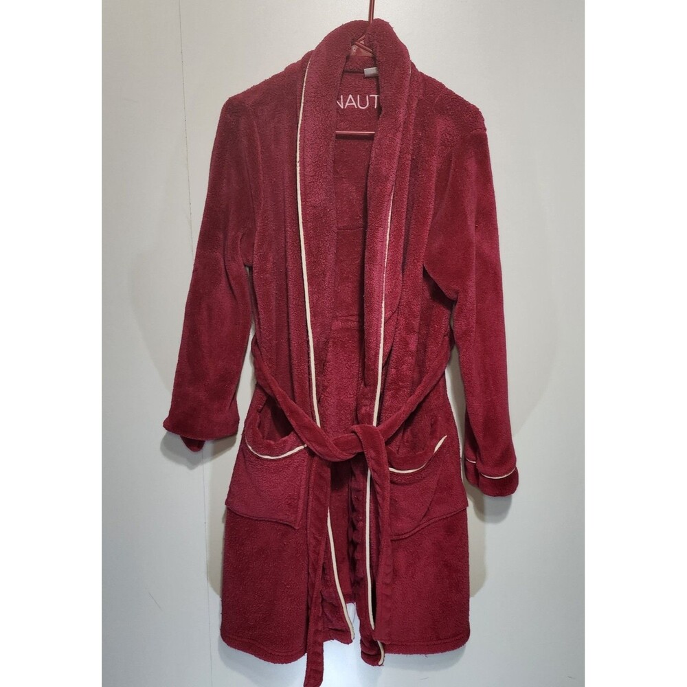 Vtg Nautica Plush Bathrobe Red Burgundy white trim Women’s S/M 100% Polyester